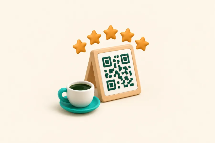Tischaufsteller mit QR-Muster und fünf Sternen