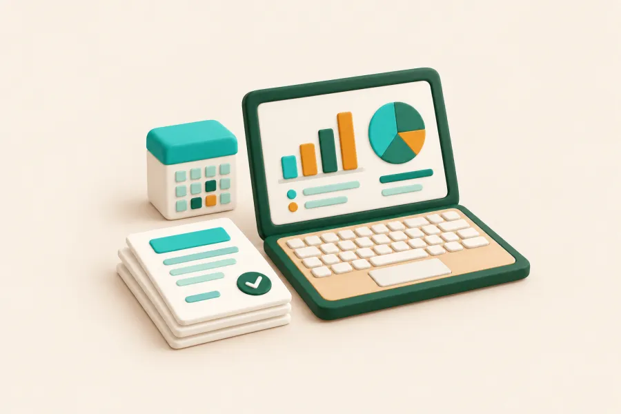 Laptop mit Diagrammen, Kalender und Rechnungsstapel