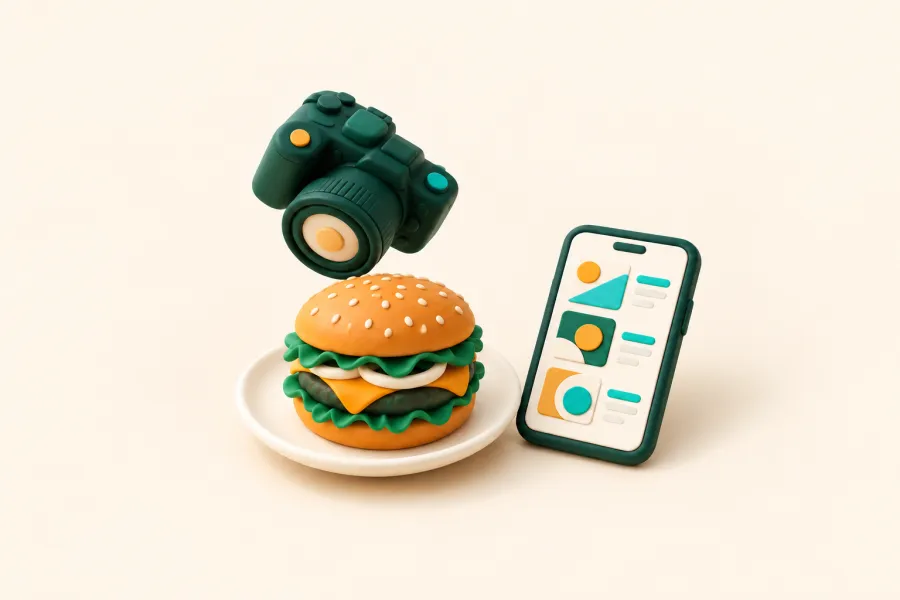 Burger auf dem Teller, darüber eine Kamera, daneben ein Handy mit Fotos