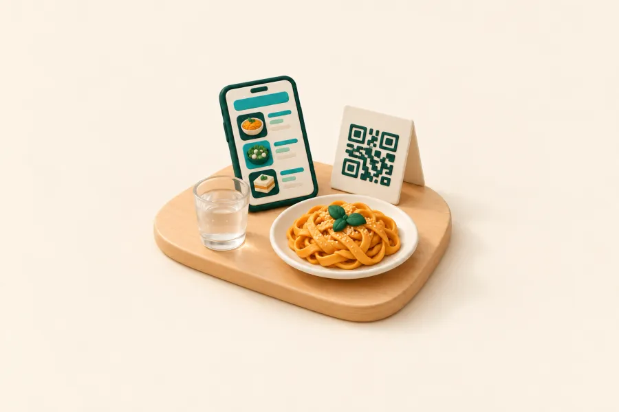 Tisch mit QR-Aufsteller, Handy-Speisekarte und Pasta