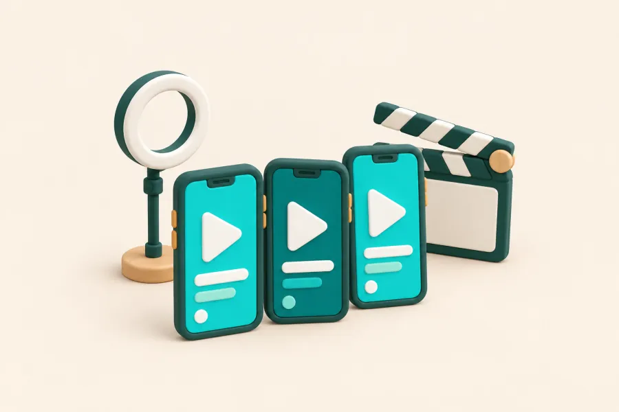 Drei Handys mit Play-Zeichen, Filmklappe und Ringlicht
