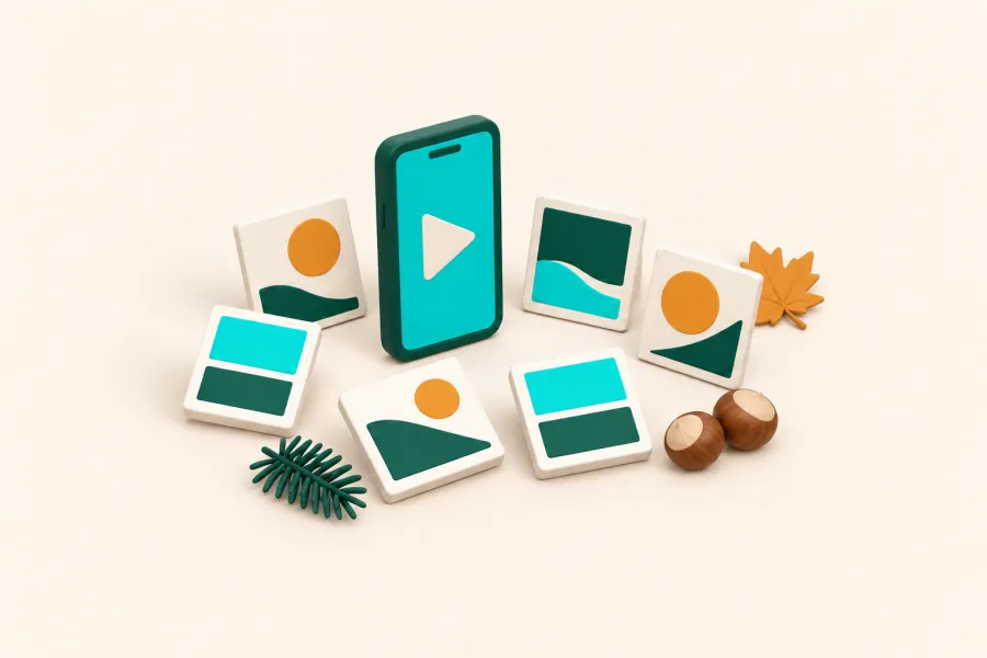 Handy mit Video und sechs Posts, dazu Kastanien und Herbstlaub