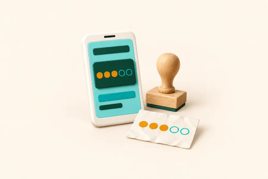 Handy mit digitaler Stempelkarte neben Holzstempel und Papierkarte
