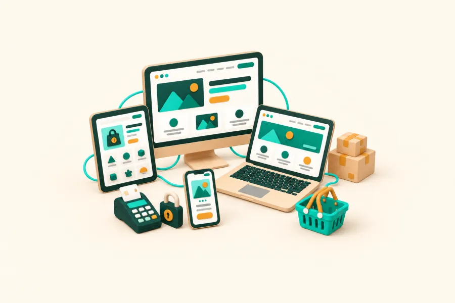Grand: mehrere Geräte mit Webshop, Warenkorb und Kartenzahlung